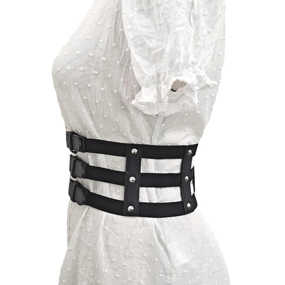 Faux leather Wide corset waist Black Belt studded Goth punk Triple buckle
